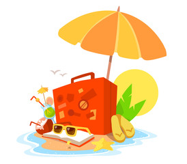 Vector creative illustration of a sandy island in the ocean with a parasol, an suitcase, book and sunglasses on white background with yellow sun and waves.