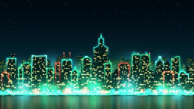 City skyline silhouette with animated windows, illuminated in the form of an inscription Merry Christmas, background with fireworks, seamless loop
