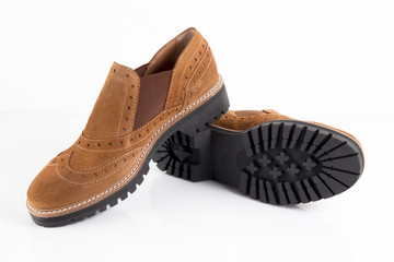 Female Brown Leather Shoe on White Background, Isolated Product.