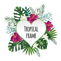 Heart tropical frame, template with place for text. Vector illustration, isolated on white background.