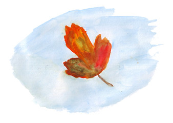 Watercolor autumn leaf on blue background