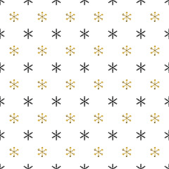 Christmas New Year seamless pattern with snowflakes. Holiday background. Gold snowflakes. Xmas winter decoration. Golden texture. Hand drawn vector illustration. Snow pattern. Wrapping gift paper.