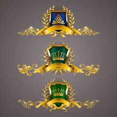 Set of golden royal shields with floral elements, ribbons, laurel wreaths for page, web design. Old frame, border, crown in vintage style for label, emblem, badge, logo. Vector illustration EPS10