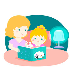 A vector illustration of a mother reading a bedtime story to her daughter..