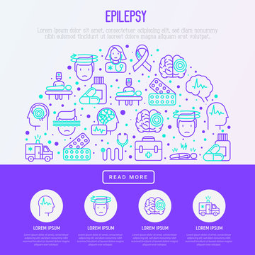 Epilepsy concept in half circle with thin line icons of symptoms and treatments: convulsion, disorder, dizziness, brain scan. World epilepsy day. Vector illustration for banner, web page, print media.