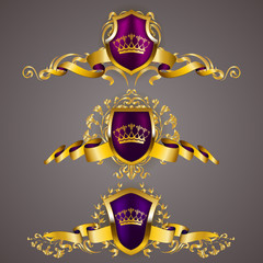 Set of golden royal shields with floral elements, ribbons, laurel wreaths for page, web design. Old frame, border, crown in vintage style for label, emblem, badge, logo. Vector illustration EPS10
