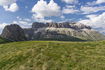 A beautiful view of the Sella group in June. Dolomites. Italy.