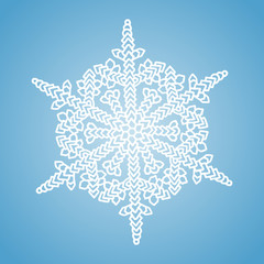 Winter white snowflake on blue background. Christmas element. Vector illustration. Knitted style