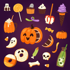 Halloween cookie symbols of food Night cake party vector illustration