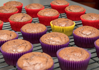 Cupcakes in vibrant paper wrappers cooling on wire rack