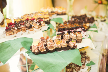 Delicious and tasty dessert table with cupcakes shots at reception closeup