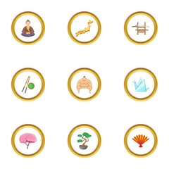 Japan travel icons set, cartoon style