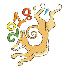 Hand drawn illustration with a doodle dog. 2018 vector symbol and lettering.