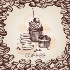 Ink hand drawn coffee pot and coffee cup illustration on white background. Vintage vector coffee illustration. I love coffee