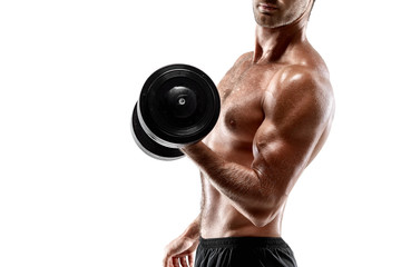 Fototapeta na wymiar Handsome muscular man with bare chest lifting dumbbell, studio shot on white background