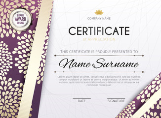Certificate template with golden decoration element. Design diploma graduation, award. Vector illustration.