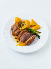 Fried duck breast with polenta and green pepper