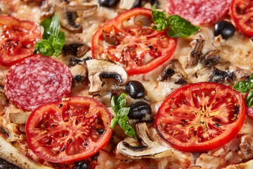 Closeup of pizza with salami, tomatoes and olives