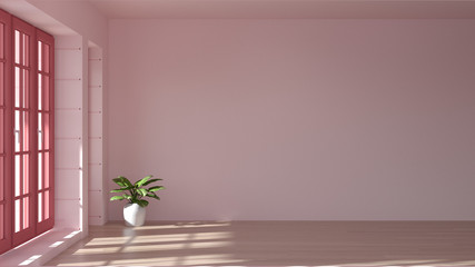 Empty Pink room,interior 3d illustratio and sunlit window doors waiting for decoration