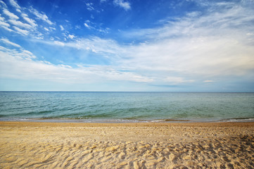 Sea seascape tropical beach with sunny sky. Summer paradise beach of Azov