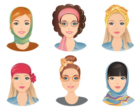 Female hairstyles with different fashion scarves. For the girl, young adult, woman, set 8, / flat design, vector illustration