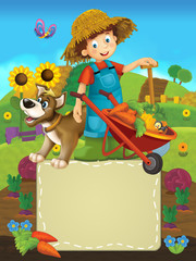 cartoon scene with happy man working on the farm - standing and smiling with his dog / illustration for children