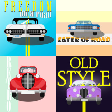Front view retro cars posters set
