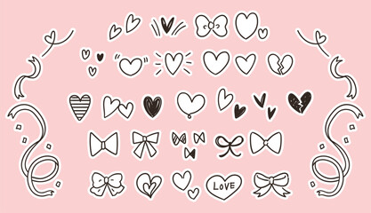 ハートとリボンのかわいい手描きアイコンのセット（モノクロ）