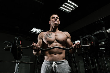Fototapeta na wymiar Strong man with tatoo working in gym 