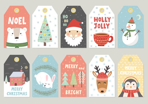 Christmas tags cute collection. Labels with Santa, bear, rabbit, deer, penguin and snowman. Vector illustration