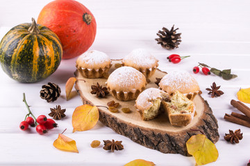 Homemade baking in autumn style. Delicious cupcakes on a wooden board with cinnamon sticks, anise stars, pumpkins and berries of rosehip. On white background.