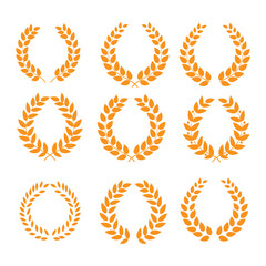 Wreath reward orange set. Modern symbol of victory and award achievement champion. Leaf ceremony awarding of winner tournament. Colorful template for badge, tag. Design element. Vector illustration