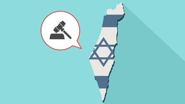 Animation of a long shadow Israel map with its flag and a comic balloon with a judge gavel