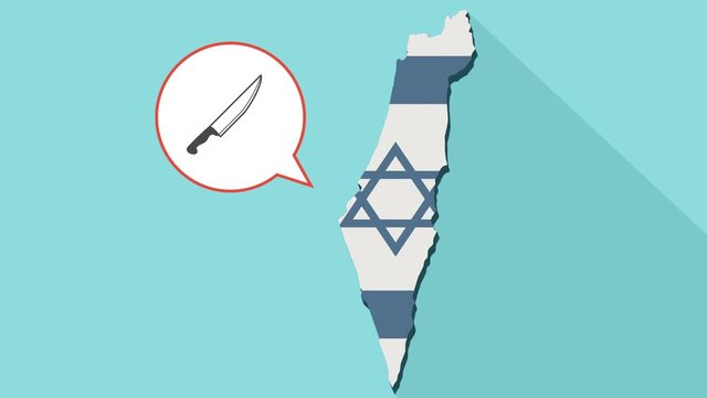 Animation of a long shadow Israel map with its flag and a comic balloon with a knife icon