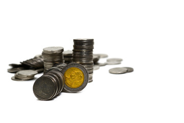 metal coins stack on white background isolated