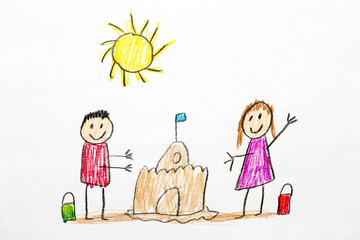 Kids Drawing Building Sand Castle.