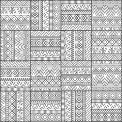 Black-and-white graphic decorative seamless pattern from squares. In the style of patchwork. Vector illustration.