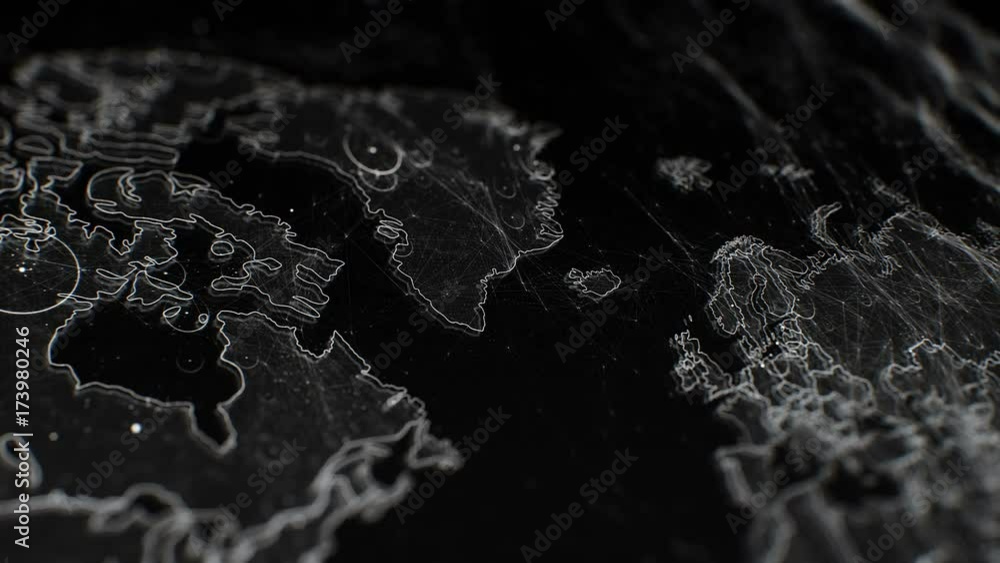 Poster digitally generated background with map of world continents outlined on black screen and dots in cir