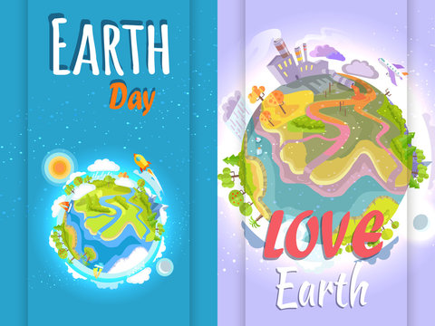 Earth Day Banner of Clean and Polluted Planets