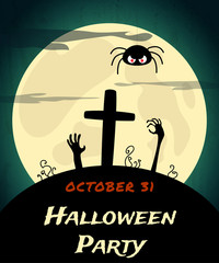 Halloween Party background with creepy graveyard and moon
