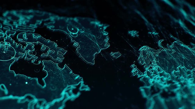 Computer animated background with map of world continents outlined and glowing with blue on black screen