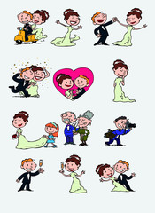 Set of chic and romantic characters bride and groom. Newlyweds dancing, in romantic attitude, hugging... Elements for wedding invitations. Vector illustration in cartoon style.