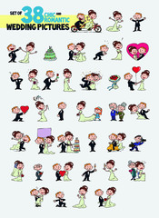 Set of thirty-eight chic and romantic characters bride and groom. Newlyweds dancing, in romantic attitude, hugging... Elements for wedding invitations. Vector illustration in cartoon style.