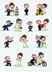 Set of chic and romantic characters bride and groom. Newlyweds dancing, in romantic attitude, hugging... Elements for wedding invitations. Vector illustration in cartoon style.