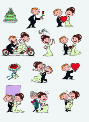 Set of chic and romantic characters bride and groom. Newlyweds dancing, in romantic attitude, hugging... Elements for wedding invitations. Vector illustration in cartoon style.