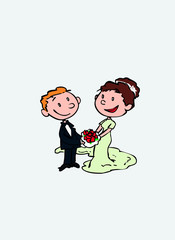 Couple of newlyweds, posing happy. Vector isolated characters.