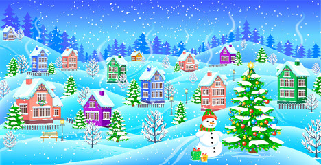 Winter landscape with snowcovered houses snowman Christmas tree gifts
