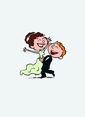 Couple of newlyweds dancing, happy. Vector isolated characters.