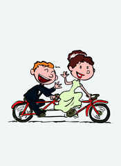 Fototapeta premium Couple of newlyweds riding a tandem, happy. Vector isolated characters.