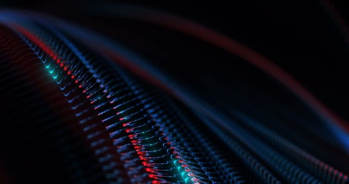  4K animated background loop with audio elements. 3D abstract digital wave of glowing particles and wireframe. Technology concept. Abstract background. Interplay of waves, lights, music, sound.